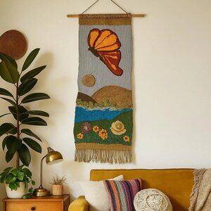 Vintage Wool Wall Hanging with Butterfly Scene